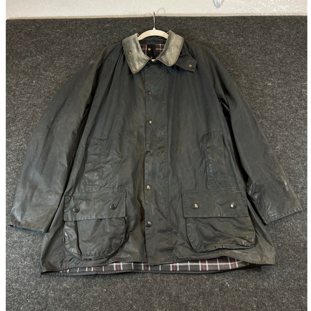 VTG Barbour A155 Waxed Border Jacket Plaid Lined Corduroy Collar Mens C50/127CM